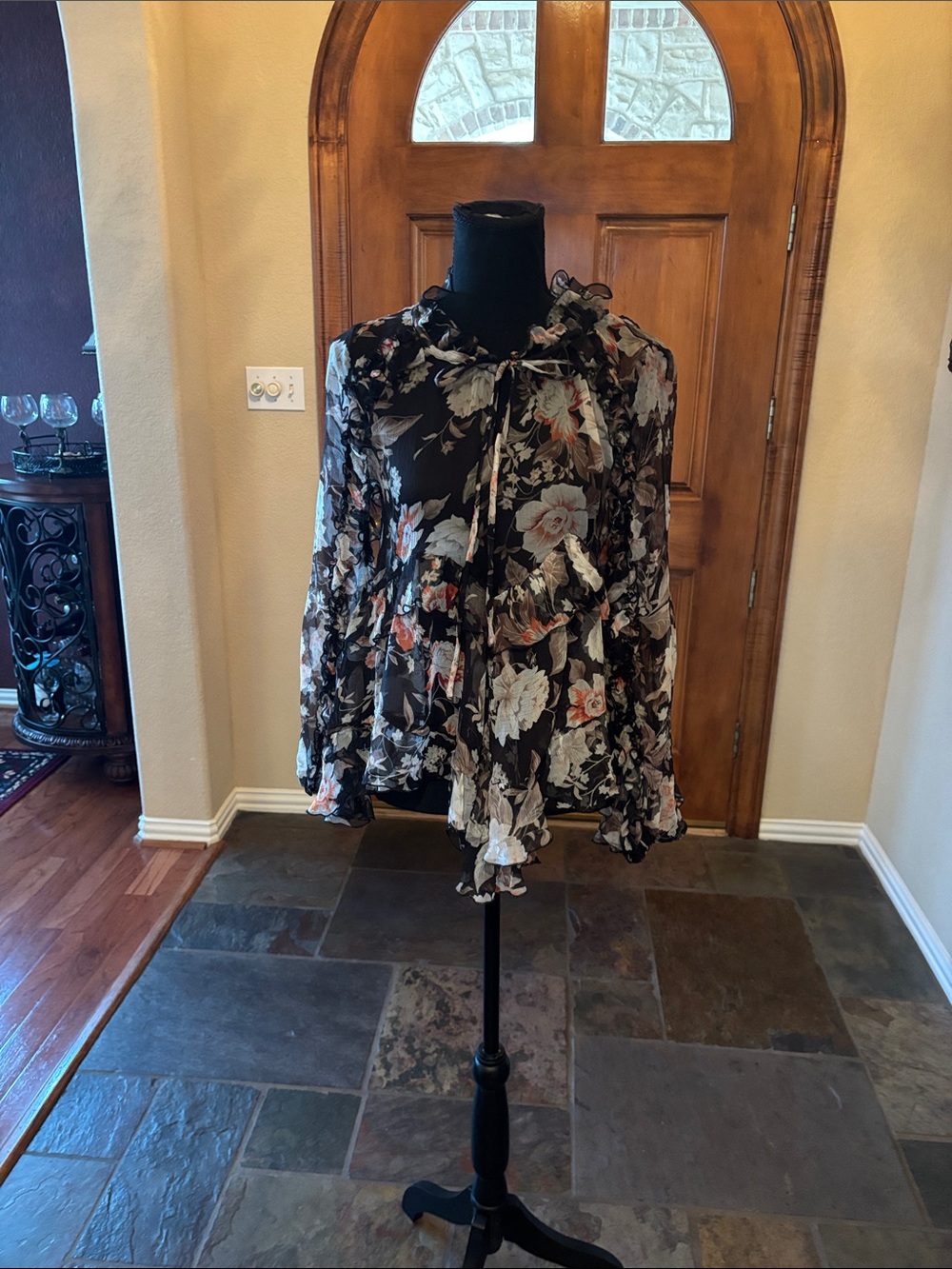 Love by Johnny Was Sheer Floral Blouse in Cream, Black and Coral